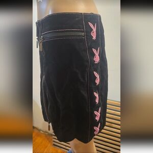 Playboy Black Genuine Suede Leather Mini Skirt with Pink Bunny Embroidery - Sz8